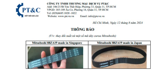 Thông báo thay đổi xuất xứ một số mã dây curoa Mitsuboshi